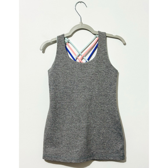Ivivva Girls Tank Top 10 Gray Blue Peach Shelf Bra Cross Back Stretch Logo - Picture 1 of 6